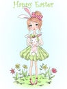 Hand drawn beautiful cute girl with rabbit in her hands on background of flowers with inscription Happy Easter.