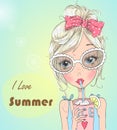 Hand drawn beautiful cute girl in sunglasses with cold cocktail in his hands in the background with the words I love summer.