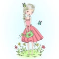 Hand drawn beautiful cute girl watering flowers in the garden with butterflies. Royalty Free Stock Photo