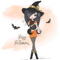 Hand drawn beautiful cute Halloween girl witch with black cat. Royalty Free Stock Photo