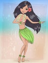 Hand drawn beautiful cute hula girl with hibiscus necklace on the background with inscription Aloha. Hawaii concept. Royalty Free Stock Photo