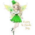 Hand drawn beautiful, cute, leprechaun girl with an inscription happy st. patricks day.