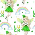 Hand drawn beautiful, cute, leprechaun girl with an inscription happy st. patricks day.