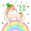 Hand drawn beautiful, cute, leprechaun girl with unicorn.