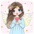 Hand drawn beautiful cute little angel girl with a heart. Royalty Free Stock Photo