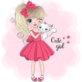 Hand drawn beautiful, cute, little blonde girl with pretty cat on the background with words Cute girl.