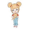 Hand drawn beautiful cute little blonde girl with pretty cat on hands. Girl in pants . Vector illustration.