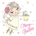 Hand drawn beautiful cute little Christmas angel girl with a flower. Royalty Free Stock Photo