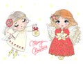 Hand drawn beautiful cute little Christmas angel girl with a flower. Royalty Free Stock Photo