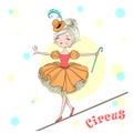 Hand drawn beautiful cute little circus girl balances on a tightrope. Royalty Free Stock Photo