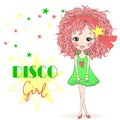 Hand drawn beautiful cute little curly, red-haired disco girl.