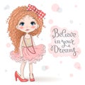 Hand drawn beautiful, cute, little curly red-haired girl in mother`s shoes.