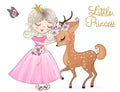 Hand drawn beautiful cute little deer with princess girl .