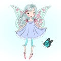 Hand drawn beautiful cute little fairy with a butterfly. Royalty Free Stock Photo