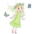 Hand drawn beautiful cute little fairy girl with a butterfly and wreath on her head. Royalty Free Stock Photo