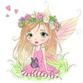 Hand drawn beautiful cute little fairy girl with a butterfly and wreath on her head. Royalty Free Stock Photo