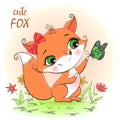 Hand drawn beautiful cute little fox girl with a butterfly. Royalty Free Stock Photo