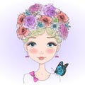 Hand drawn beautiful cute little fairy with a butterfly. Royalty Free Stock Photo