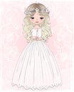 Hand drawn beautiful, cute, little girl with dress and flower wreath. Vector illustration. Royalty Free Stock Photo