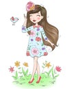 Hand drawn beautiful cute little girl with flower on her head. Royalty Free Stock Photo
