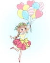 Hand drawn beautiful, cute, little girl is flying on balloons. Royalty Free Stock Photo