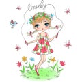Hand drawn beautiful cute little girl jumping rope with flowers and butterfly. Royalty Free Stock Photo