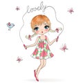 Hand drawn beautiful cute little girl jumping rope with flowers and butterfly. Royalty Free Stock Photo