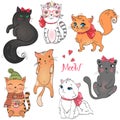 Hand drawn beautiful cute little girl kitty on the background with inscription Meow. Royalty Free Stock Photo