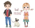 Hand drawn beautiful, cute, little girl with pretty cat and cartoon boy with dog pug. Royalty Free Stock Photo