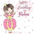 Hand drawn beautiful, cute, little girl Princess with the inscription Happy Birthday Princess. Vector illustration. Royalty Free Stock Photo