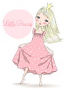 Hand drawn beautiful, cute, little girl Princess in a nightgown.