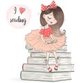 Hand drawn beautiful, cute, little girl is sitting on books and reading.