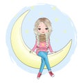 Hand drawn beautiful, cute, little girl is sitting on the moon. Royalty Free Stock Photo