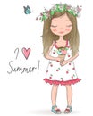 Hand drawn beautiful, cute little girl in a wreath holding ice cream, on background with inscription I love summer.