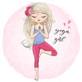 Hand drawn beautiful cute little girl yogi in tree position.