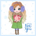 Hand drawn beautiful cute little New Year girl with pink Pig.