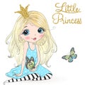 Hand drawn beautiful cute little princess girl with a butterfly.