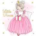 Hand drawn beautiful cute little princess girl with crown and gift. Royalty Free Stock Photo