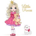 Hand drawn beautiful cute little princess girl with teddy bear and cat.