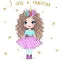 Hand drawn beautiful cute little princess girls with unicorn. Royalty Free Stock Photo