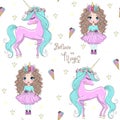 Hand drawn beautiful cute little princess girls with unicorn. Royalty Free Stock Photo