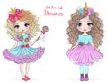 Hand drawn beautiful cute little princess girls with unicorn. Royalty Free Stock Photo