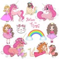 Hand drawn beautiful cute little princess girls with unicorn. Royalty Free Stock Photo