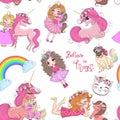 Hand drawn beautiful cute little princess girls with unicorn. Royalty Free Stock Photo