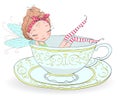 Hand drawn beautiful, cute, little redhead curly fairy girl with freckles takes a bath in a porcelain cup.