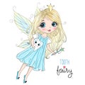 Hand drawn beautiful cute little tooth fairy girl with a tooth.