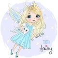 Hand drawn beautiful cute little tooth fairy girl with a tooth.