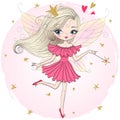 Hand drawn beautiful cute little tooth fairy princess girl with a tooth.