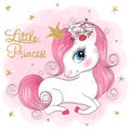 Hand drawn beautiful cute little unicorn girl with flowers on her head. Royalty Free Stock Photo