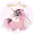 Hand drawn beautiful cute little unicorn girl with wreath on her head. Royalty Free Stock Photo